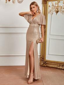 SHEIN Belle 深V領開叉大腿亮片正裝洋裝 - 棕色 - 查看 6