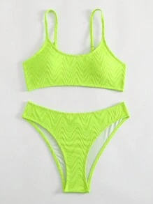 夏季沙灘純色細肩帶紋理無鋼圈霓虹比基尼套裝 - 綠色 - 查看 3
