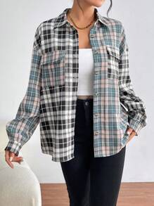 SHEIN Essnce Chemise À Carreaux Épaule tombante Poche À Rabat À Bouton - Multicolore - Voir 5