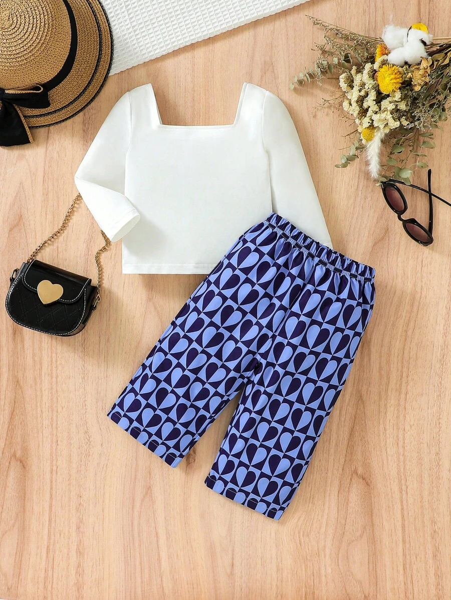 女嬰方領T恤&滿版心形印花長褲 - 彩色 - 查看 1