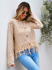 SHEIN VCAY Fringe Hem Pointelle Knit Cardigan - Khaki - View 5
