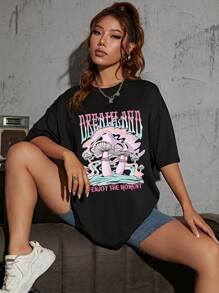 SHEIN EZwear 蘑菇&標語圖案落肩T恤 - 黑色 - 查看 5