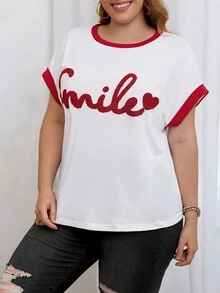 SHEIN Franclia Plus Letter Graphic Contrast Binding Batwing Sleeve Tee - Multicolor - View 3