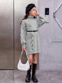 SHEIN 女大童高領麻花編織落肩袖毛衣洋裝不附腰帶 - 灰色 - 查看 3