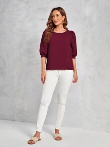 EMERY ROSE Swiss Dot Puff Sleeve Blouse - Burgundy - View 5