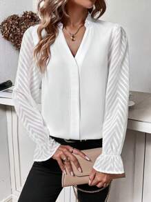 SHEIN Frenchy Notched Neck Flare Sleeve Blouse - White - View 4