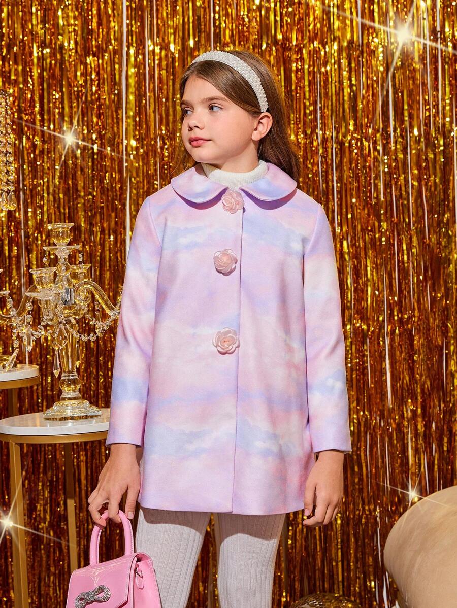 SHEIN Tween Girl Tie Dye Peter Pan Collar Overcoat - Multicolor - View 1