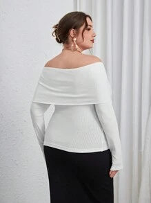 SHEIN Privé 大碼折邊一字肩3D貼花細節T恤 - 白色 - 查看 2