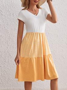 SHEIN VCAY Striped & Polka Dot Print Ruffle Hem Dress - Multicolor - View 3