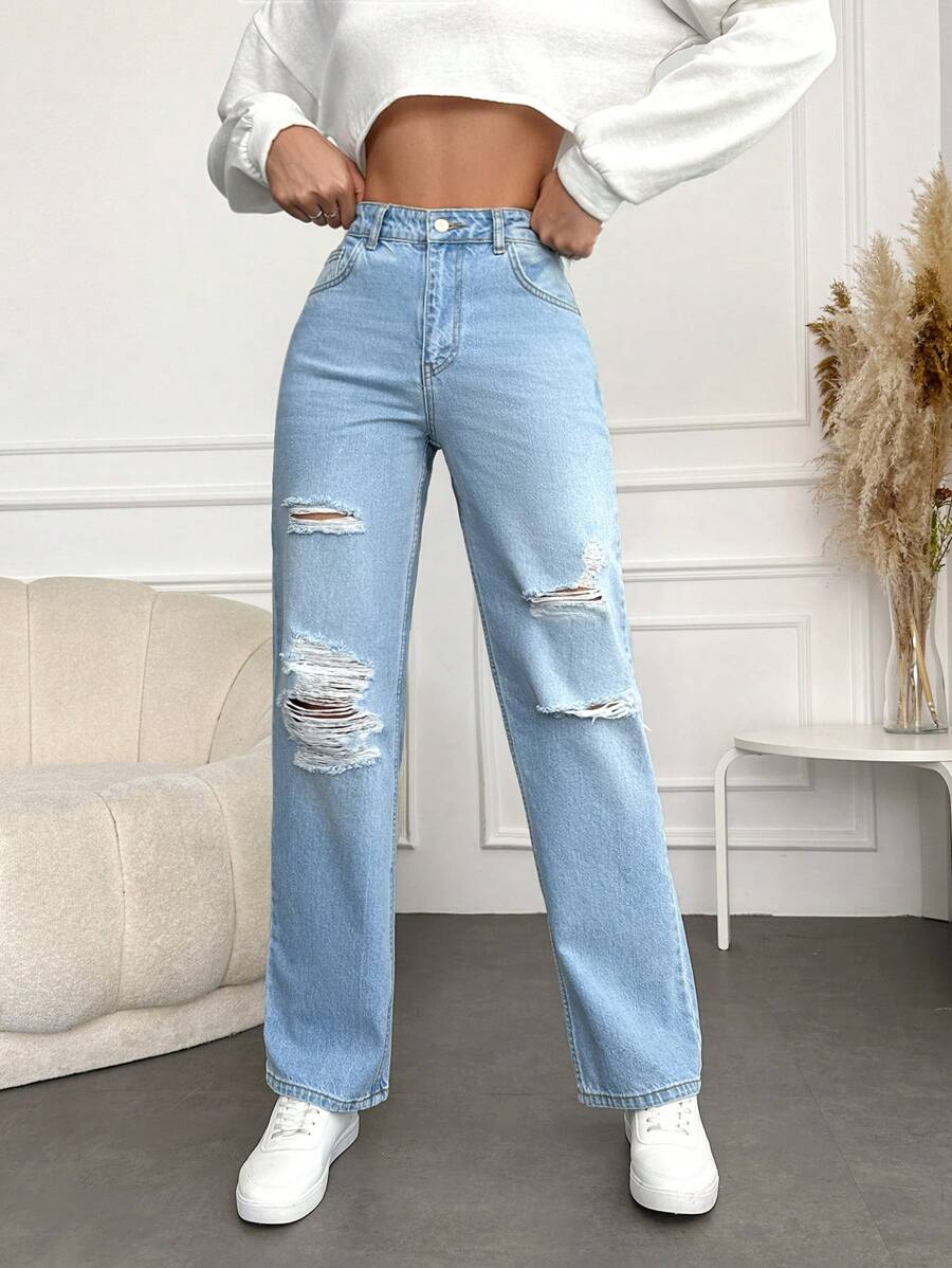 EURMUSE High Waist Ripped Straight Leg Jeans - Light Wash - View 1