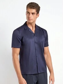 SHEIN Cottnline Men Solid Lapel Collar Shirt - Navy Blue - View 7