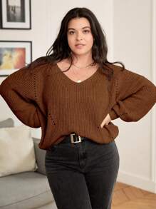 Calvaya Plus Drop Shoulder Eyelet Detail Sweater Knit Pullover Fall Winter Autumn Sweater - Coffee Brown - View 4