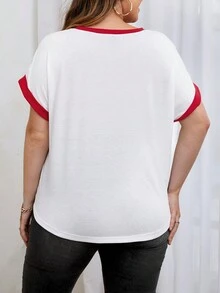 SHEIN Franclia Plus Letter Graphic Contrast Binding Batwing Sleeve Tee - Multicolor - View 2