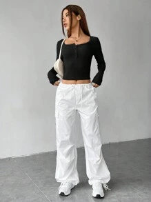 SHEIN EZwear 春季服裝半扣釦肋紋針織t恤 - 黑色 - 查看 6