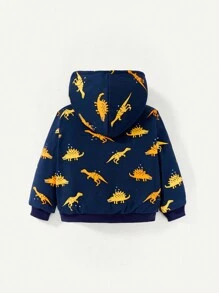 Cozy Pixies Baby Boy Dinosaur Print 3D Design Hooded Thermal Lined Coat - Navy Blue - View 11