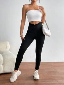 SHEIN Essnce Solid High Waist Leggings - Black - View 3