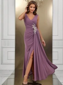 SHEIN Belle Applique Detail Ruched Split Thigh Dress Formal Dress - Pink - View 1