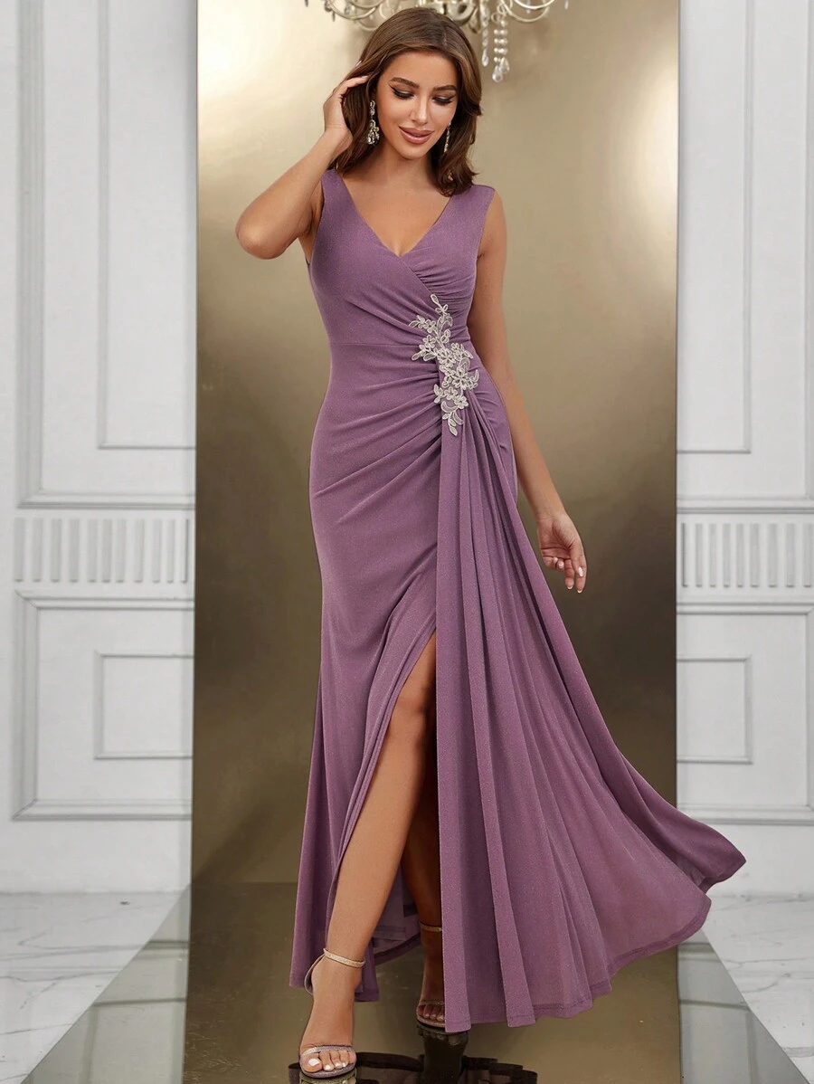 SHEIN Belle Applique Detail Ruched Split Thigh Dress Formal Dress - Pink - View 1