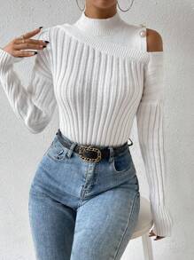 Chiquease Mock Neck Cut Out Shoulder Ribbed Knit Sweater - White - View 1
