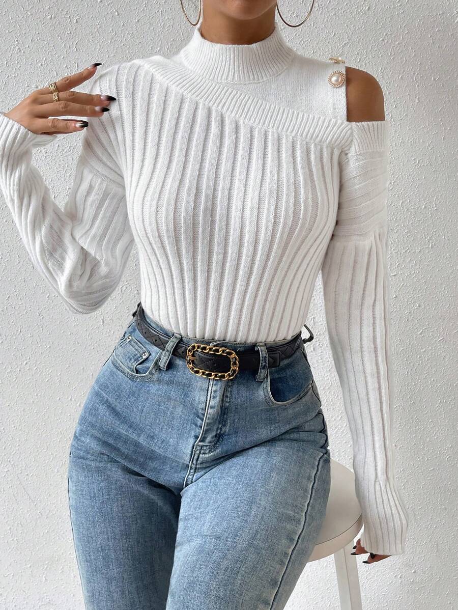 Chiquease Mock Neck Cut Out Shoulder Ribbed Knit Sweater - White - View 1