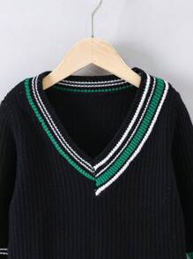 Chico joven Jersey con parche de letra ribete de rayas - Negro - Ver 3