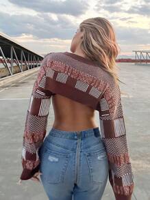 SHEIN ICON Phương Tây Sọc & Mẫu Geo Siêu crop Áo len Không có áo ngực - Nhiều màu - Xem 2