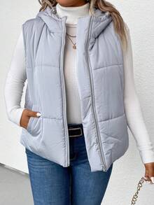 SHEIN LUNE Plus Áo khoác có mũ trùm đầu có khóa kéo có đệm Quần áo mùa đông - Xám - Xem 3