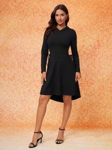 SHEIN Essnce Solid Drawstring Side Hooded Dress - Black - View 6