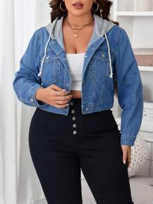 SHEIN Essnce Plus Flap Pocket Drawstring Hooded 2 In 1 Denim Jacket - Light Wash - View 1