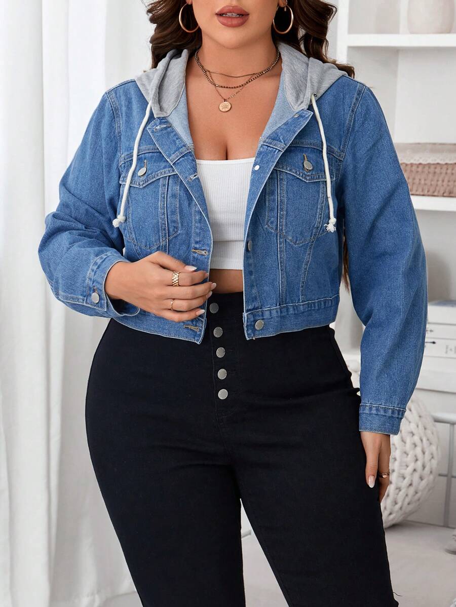 SHEIN Essnce Plus Flap Pocket Drawstring Hooded 2 In 1 Denim Jacket - Light Wash - View 1