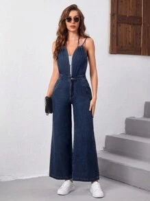 SHEIN Essnce Jumpsuit con scollo a V gamba ampia denim - Blu lavato scuro - Visualizzare 2