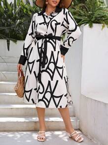 SHEIN Franclia Hơn In Toàn bộ Thắt lưng Váy sơ mi - Màu be - Xem 3