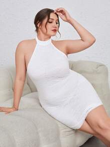 SHEIN Essnce Hơn Chất rắn Halter Neck Váy bodycon - trắng - Xem 1