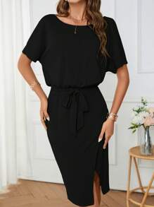 SHEIN Clasi 素色蝙蝠袖高衩繫腰帶洋裝