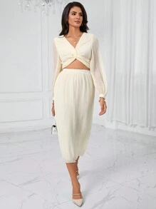 Aveloria Twist Front Crop Top & Skirt Fall Cloth For Women
