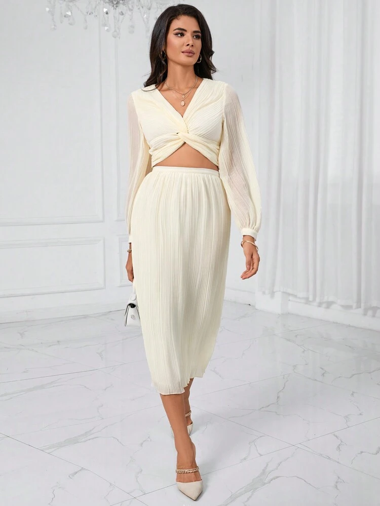 Twist Front Crop Top & Skirt Fall Cloth For Women