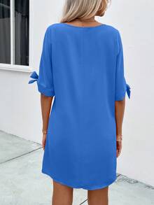 SHEIN Clasi Solid Knot Cuff Tunic Dress - Blue - View 2