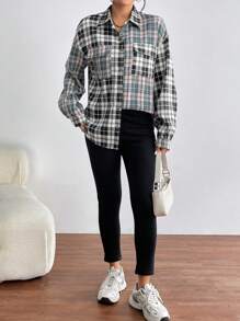 SHEIN Essnce Chemise À Carreaux Épaule tombante Poche À Rabat À Bouton - Multicolore - Voir 4