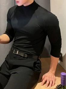 DAZY Men Solid Mock Neck Tee, Fall Long Sleeve Men Shirt