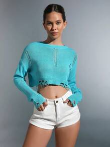 SHEIN Unity 素色落肩袖破洞短款毛衣 - 淺藍色 - 查看 4