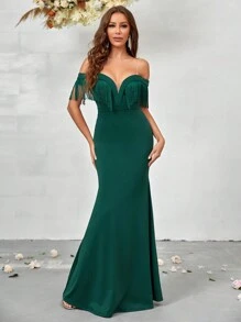 SHEIN Belle 一字肩流蘇邊洋裝 - 綠色 - 查看 3