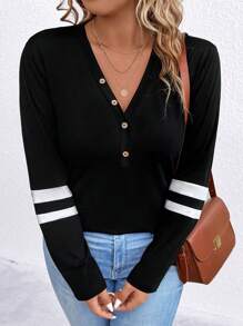 SHEIN LUNE 条纹印花半纽扣 T 恤图案 T 恤女式上衣 - 黑色 - 查看 8