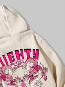 ROMWE MEN Anime Các bạn Lá thư & Đồ họa rồng Trung Quốc Dây rút Áo hoodie ấm áp - Màu be - Xem 7