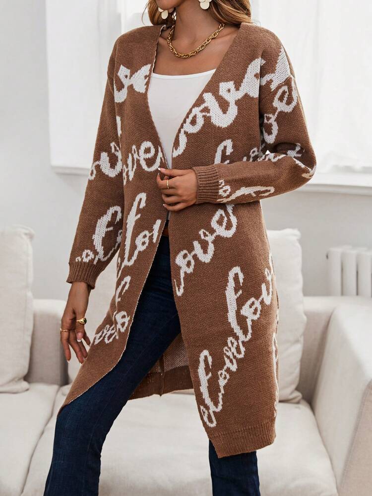 Letter Pattern Drop Shoulder Duster Cardigan Fall Cloth For Women