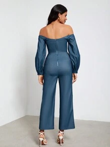 SHONTAY RACQUEL 一字肩缺口領燈籠袖錐形腿連身褲 - 藍色 - 查看 2