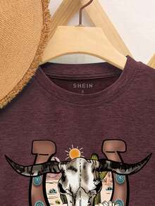 SHEIN LUNE Hoa & Gia súc In Áo thun - Màu Tím - Xem 5