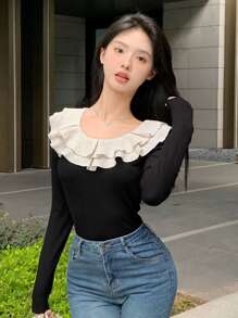 DAZY Blusa con volantes de contraste, ropa de otoño para mujer con manga larga