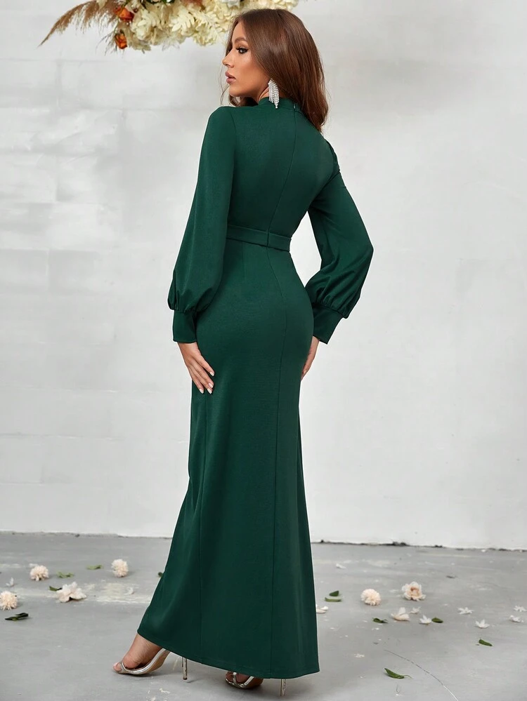 Choker Neck Lantern Sleeve Split Thigh Belted Dress