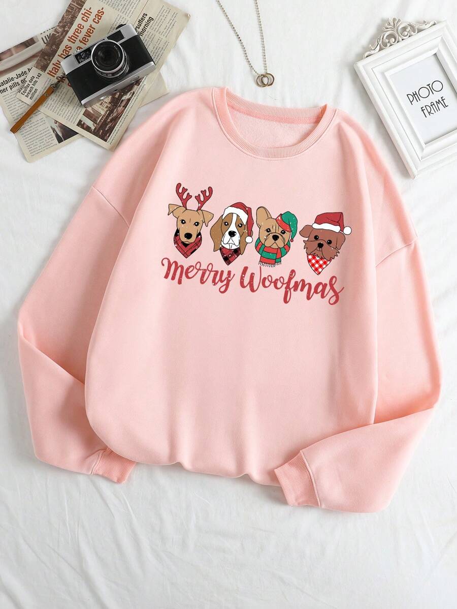 INAWLY Áo nỉ giữ nhiệt in hình Giáng sinh, áo nỉ chui đầu mùa thu. - Hồng - Xem 1