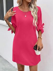 SHEIN Clasi 素色打結袖口直筒洋裝 - 玫紅色 - 查看 1